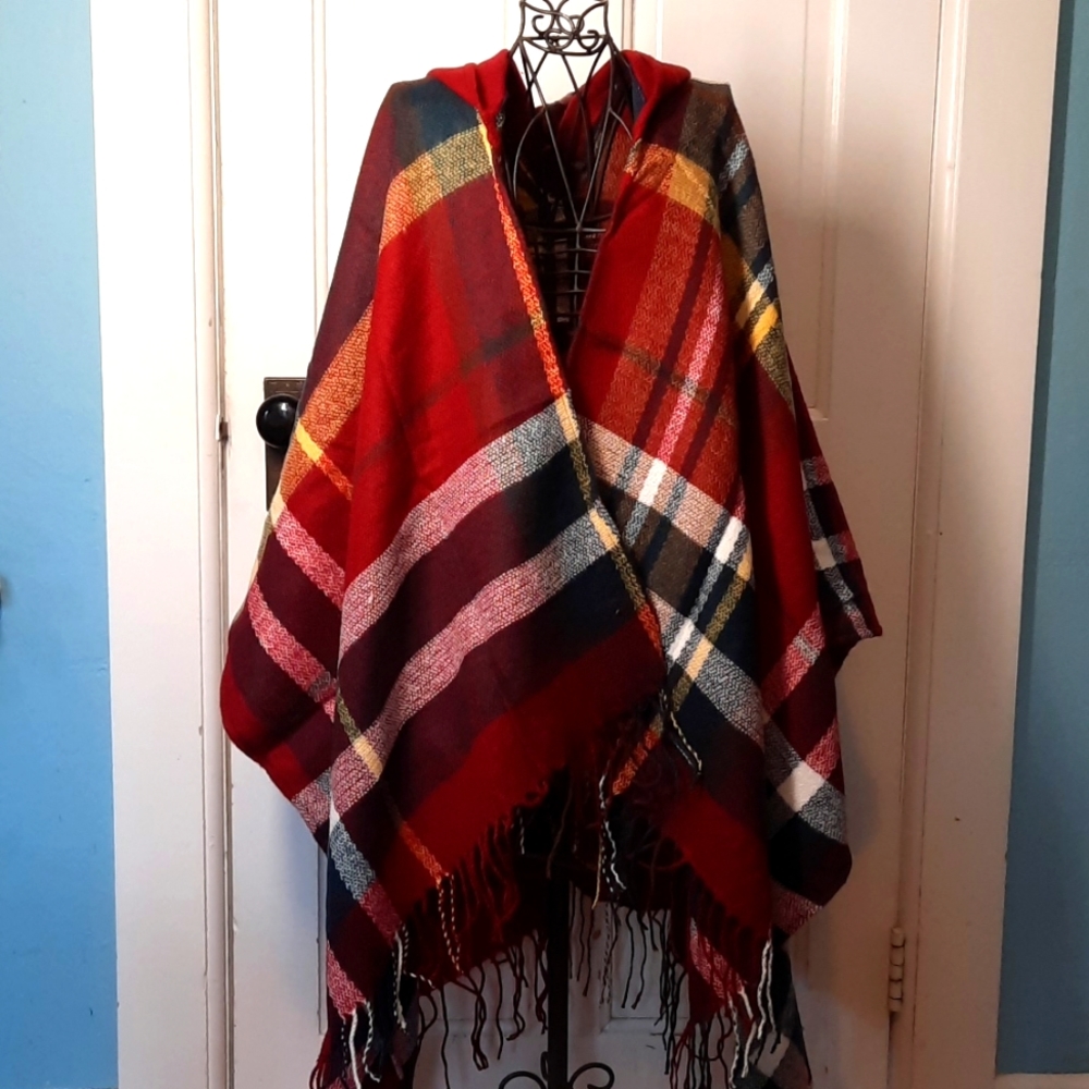 Hooded Ruana Soft Lightweight Summer Knit Wine Navy Cream Yellow Plaid Fringe